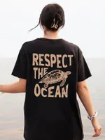 Women's Casual Fashionable Breathable Turtle Printed Short Sleeve - Black
