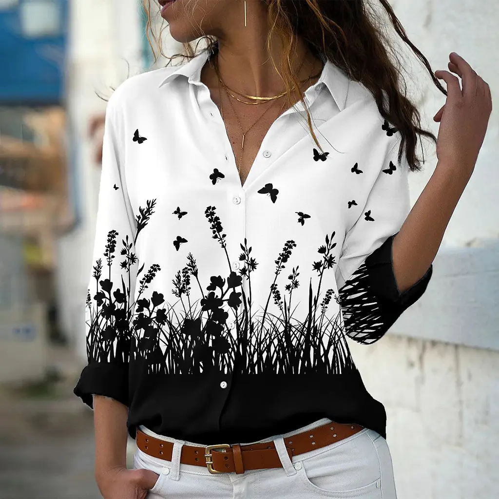 Fashion Printing Lapel Long Sleeve Shirt For Women - Cscx10