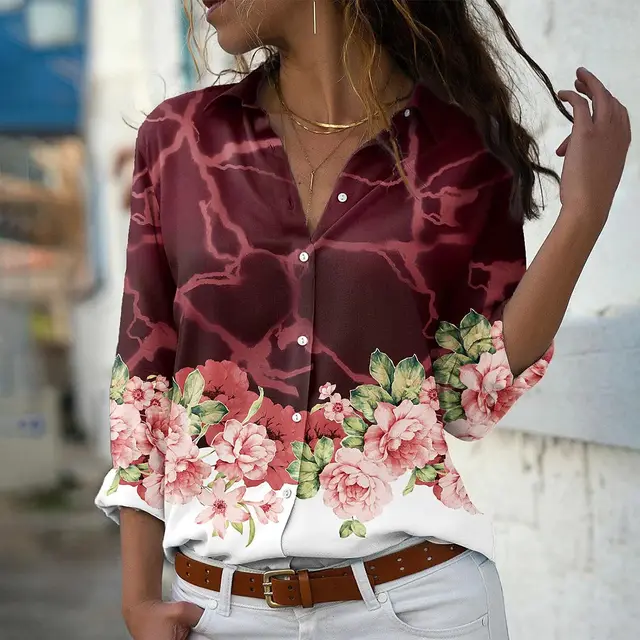Fashion Printing Lapel Long Sleeve Shirt For Women Cscx12 - Shop at LoveMi
