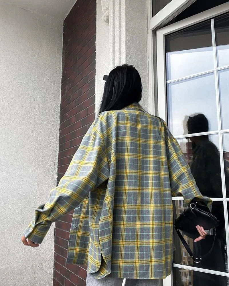 Retro Easy Matching Lapel Loose Plaid Shirt For Women - Yellow