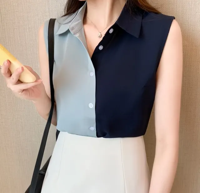 Women's Creative Casual Sleeveless Chiffon Striped Shirt 9618 Dark Blue - Shop at LoveMi