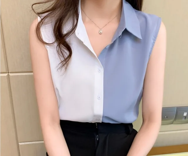 Women's Creative Casual Sleeveless Chiffon Striped Shirt 9618 Light Blue - Shop at LoveMi
