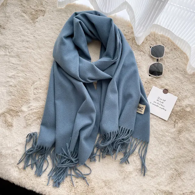 Cashmere Scarf Feel Solid Color Tassel Shawl Long Monochrome Denim Blue - Shop at LoveMi