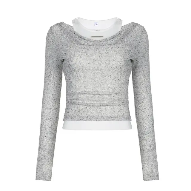 Simple Style Two piece Knitted Sunken Stripe T shirt 07886 Style Gray - Shop at LoveMi