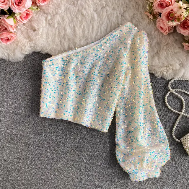 Slim fit All matching Short Glitter T shirt Long Sleeve Top White - Shop at LoveMi