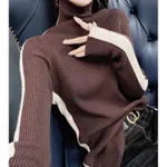 Korean-style Slim-fit Sweater Western Style Color Matching Turtleneck Long Sleeve - Coffee Color