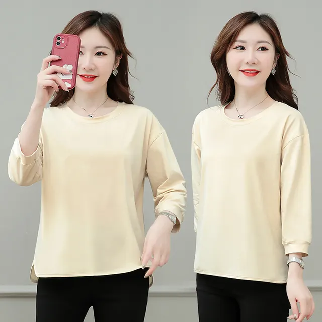 Plus sized Plus Size Autumn New Loose Solid Color Short Sleeve T shirt Apricot - Shop at LoveMi