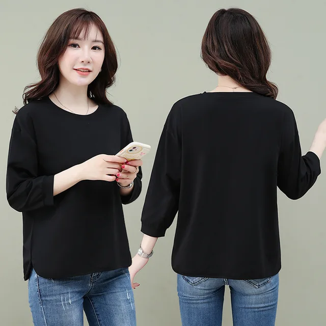 Plus sized Plus Size Autumn New Loose Solid Color Short Sleeve T shirt Black - Shop at LoveMi