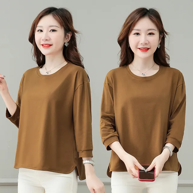 Plus sized Plus Size Autumn New Loose Solid Color Short Sleeve T shirt Brown - Shop at LoveMi