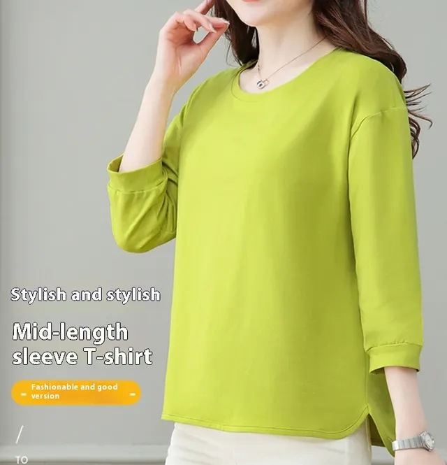 Plus sized Plus Size Autumn New Loose Solid Color Short Sleeve T shirt Fruit Green - Shop at LoveMi