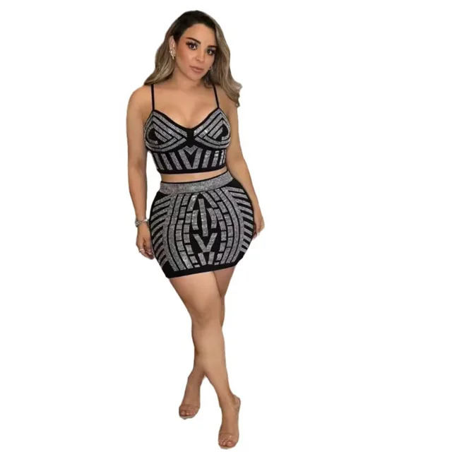 Rhinestone Stretch Spaghetti Straps Midriff baring Top Hip Skirt Suit Black - Shop at LoveMi