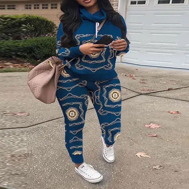 Women's Casual Fashion Printing Sweater Suit Blue - Shop at LoveMi