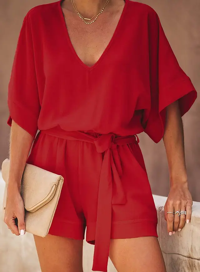 Casual Solid Color And V neck Lace up Short sleeved Jumpsuit Shorts Wine Red - Shop at LoveMi