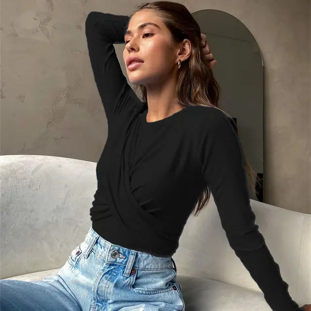 New Design Tight Long Sleeve Round Neck T shirt For Women Black - Shop at LoveMi