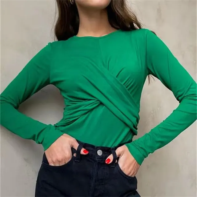 New Design Tight Long Sleeve Round Neck T shirt For Women Green - Shop at LoveMi
