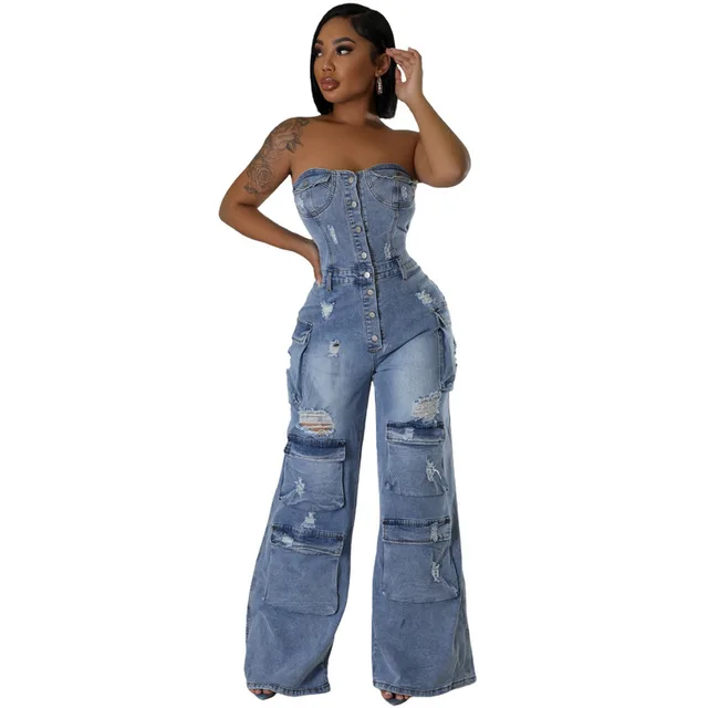 Women's Personality Slim Fit Backless Stretch Flared Sleeveless Denim Jumpsuit Blue - Shop at LoveMi