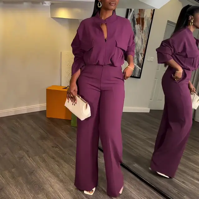 Casual V neck Long Sleeve Top Wide leg Trousers Suit Purple - Shop at LoveMi