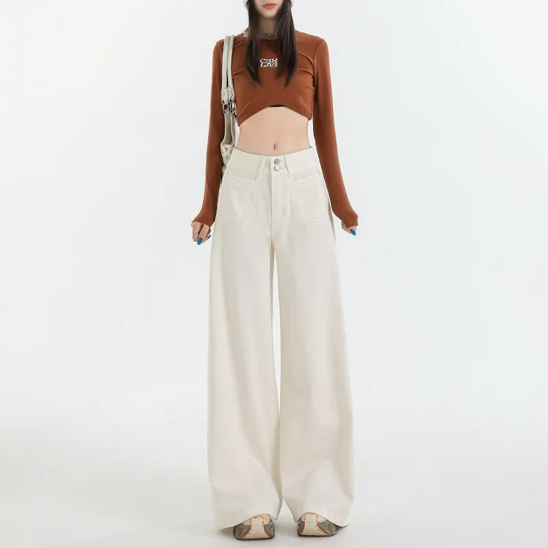 Women's Retro High Waist Wide Leg Jeans Beige Extended Version - Shop at LoveMi