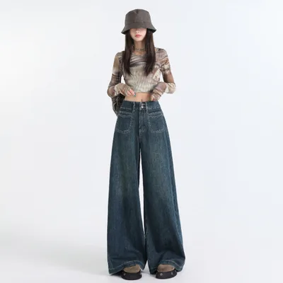 Women's Retro High Waist Wide Leg Jeans Retro Blue Extended Version - Shop at LoveMi