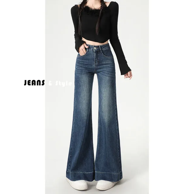 High Street Retro Slightly Flared Jeans Women Dark Blue, Lengthened - Shop at LoveMi