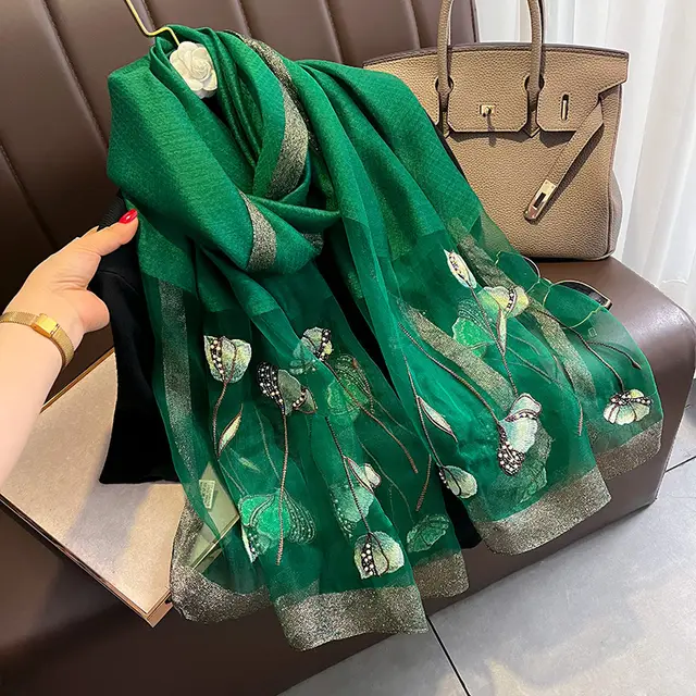 Pearl Flower Scarf Women's Embroidered Silk Scarf Warm Shawl No 6 Green - Shop at LoveMi
