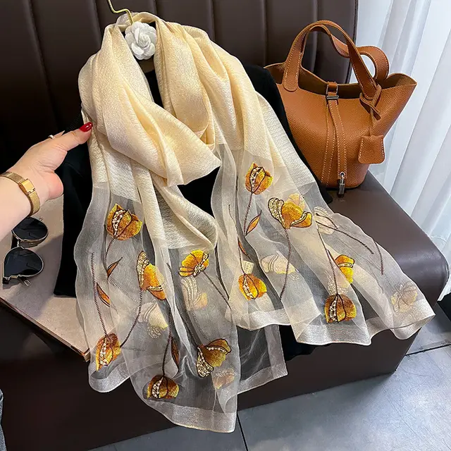 Pearl Flower Scarf Women's Embroidered Silk Scarf Warm Shawl No 9 Beige - Shop at LoveMi