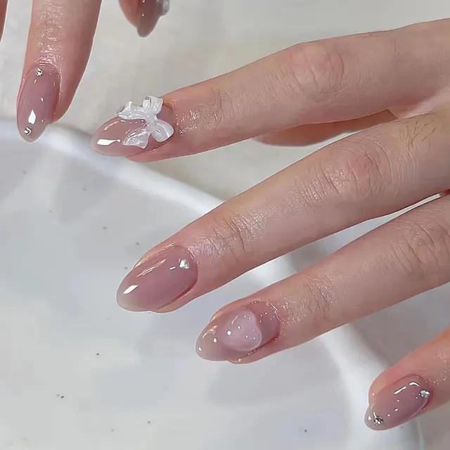Solid Color Bow Love Nail Art Wearable Nail Tip Removable Glue Type - Shop at LoveMi
