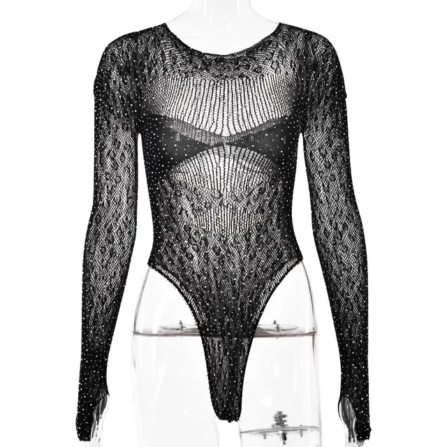 Jumpsuit Tight High Elastic Knitted Sheer Long Sleeve Black - Shop at LoveMi