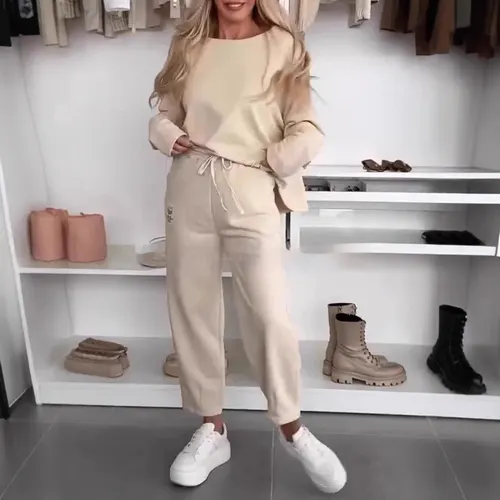 Women's Solid Color Loose fitting Casual Pullover Trousers Two piece Set Khaki - Shop at LoveMi