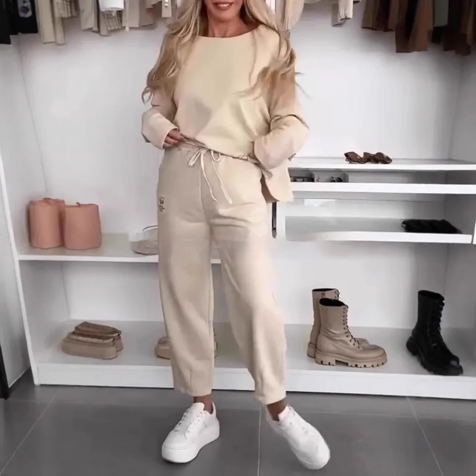 Women's Solid Colour Loose-fitting Casual Pullover Trousers Two-piece Set - Khaki - View 1
