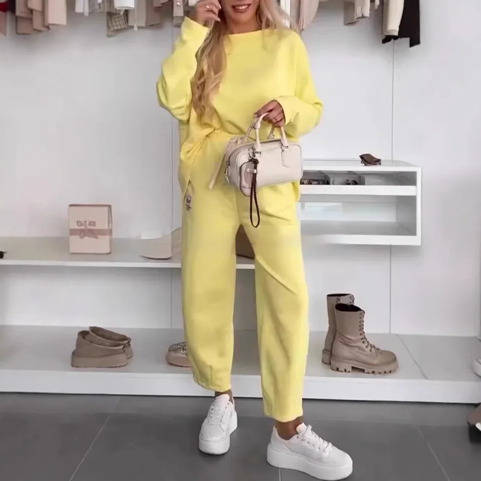 Women's Solid Colour Loose-fitting Casual Pullover Trousers Two-piece Set - Yellow - View 1