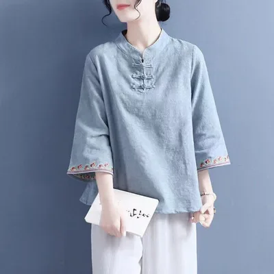 Artistic Cotton Linen Jacquard Embroidered Bell Sleeve Shirt Blue - Shop at LoveMi