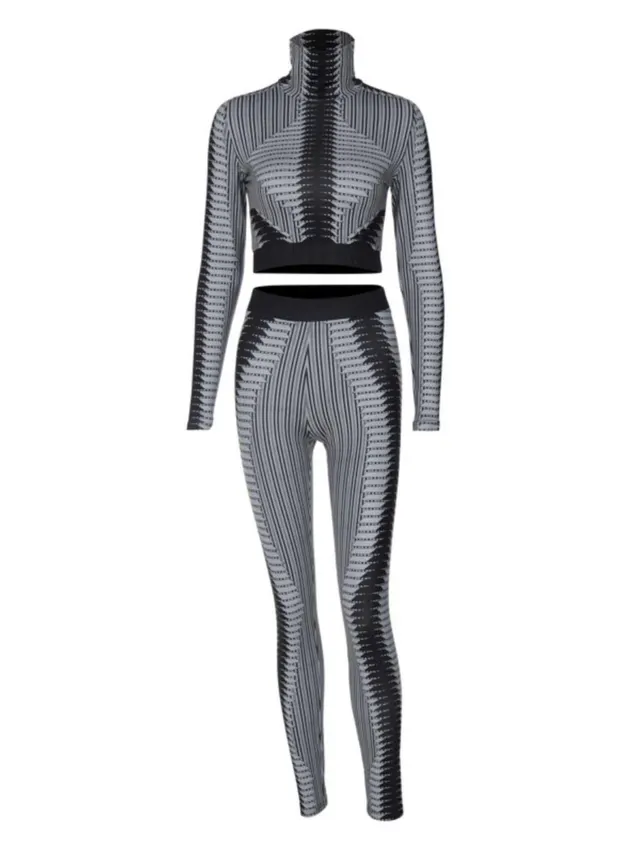 Printed Midriff baring Long Sleeve Top Skinny Pants Suit Black - Shop at LoveMi