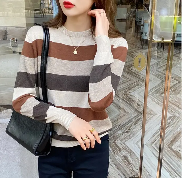 Loose Sweater Sweater Long Sleeve Early Autumn Top Beige Stripes - Shop at LoveMi