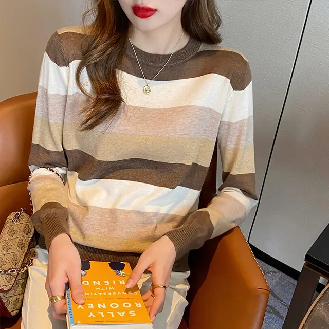 Loose Sweater Sweater Long Sleeve Early Autumn Top Coffee Color With Stripes - Shop at LoveMi