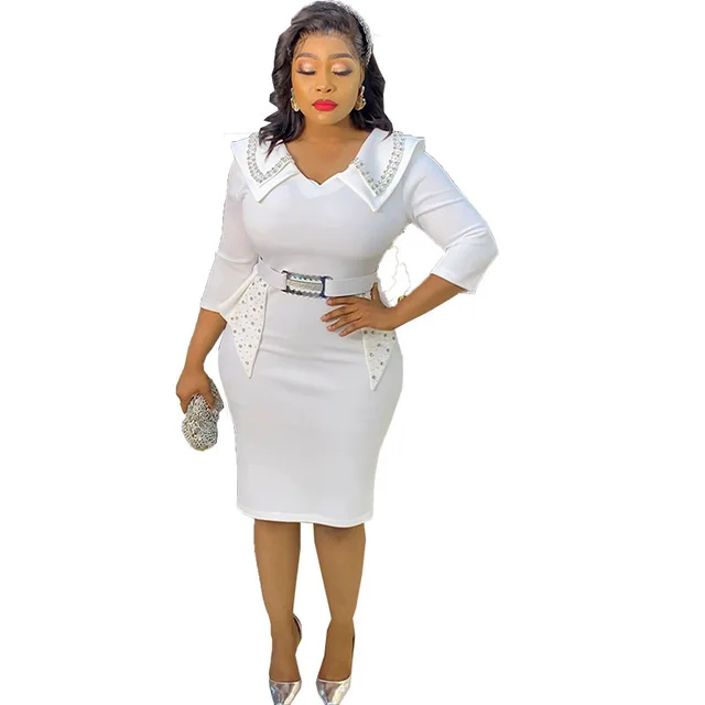 Waist tight Hip wrapped Beaded Professional Dress White - Shop at LoveMi