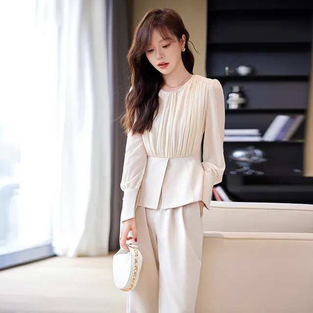 Stitching Ruffle Top Fashionable Wide Leg Pants Suit Apricot Suit Suit Trousers - Shop at LoveMi