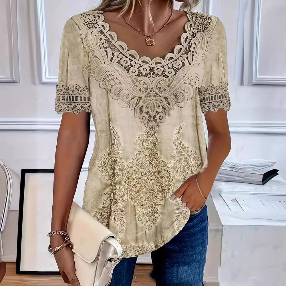Fashionable Elegant Casual Hollow Lace Women's T shirt Hdj003 - Shop at LoveMi