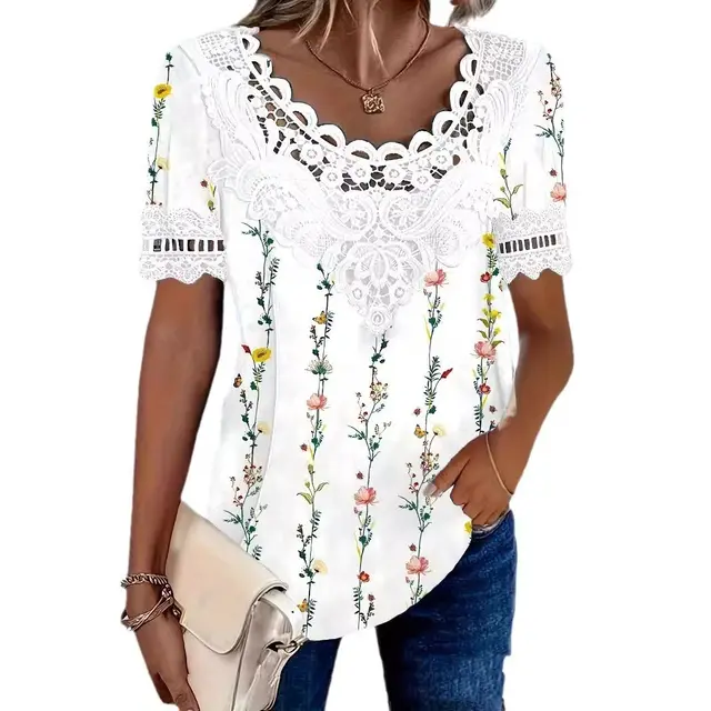 Fashionable Elegant Casual Hollow Lace Women's T shirt Hdj004 - Shop at LoveMi