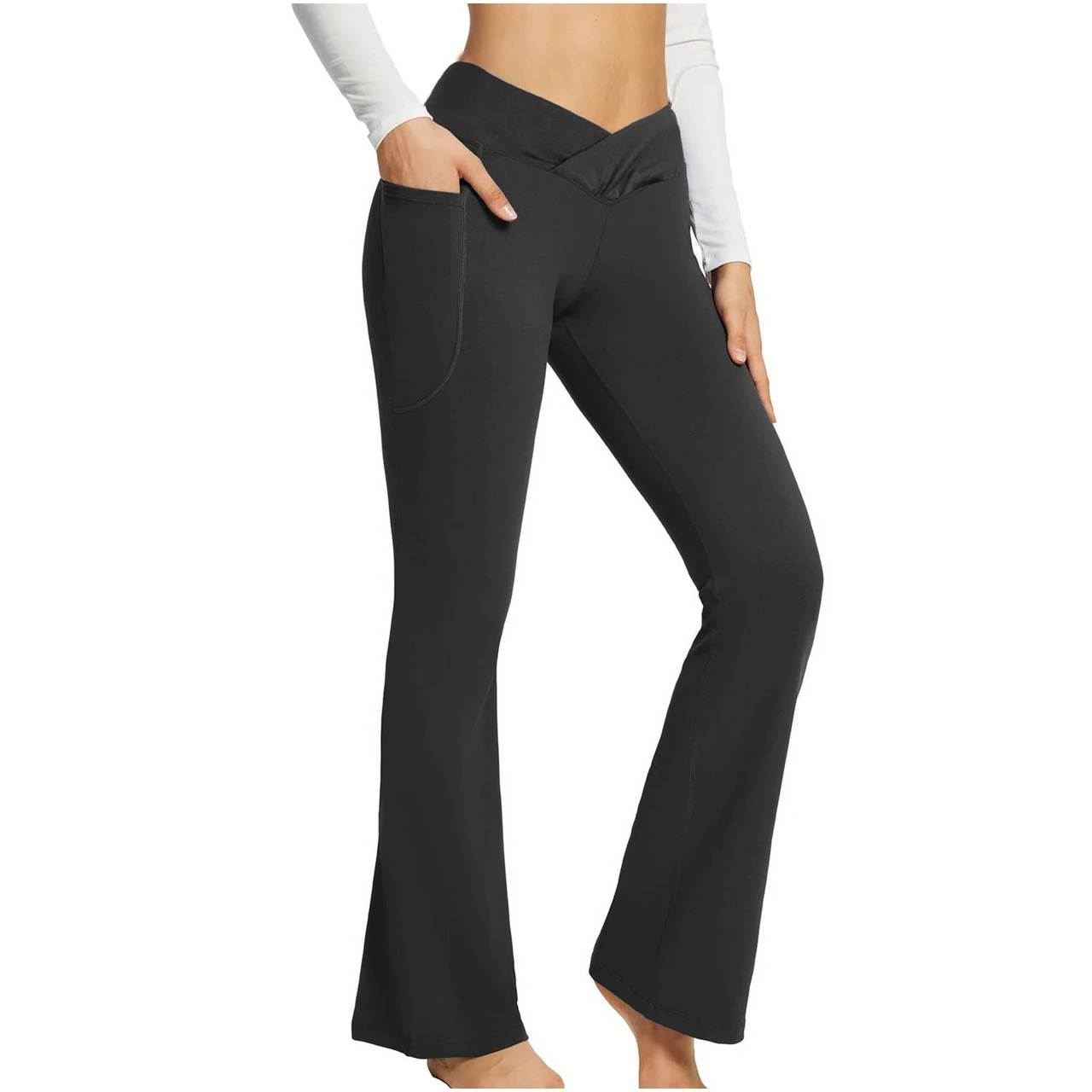 High Waist Slim Fit Wide Leg Yoga Pants Women - Black Outer Pocket