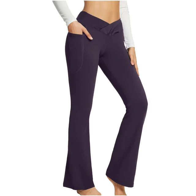 High Waist Slim Fit Wide Leg Yoga Pants Women Dark Purple Outer Pocket - Shop at LoveMi
