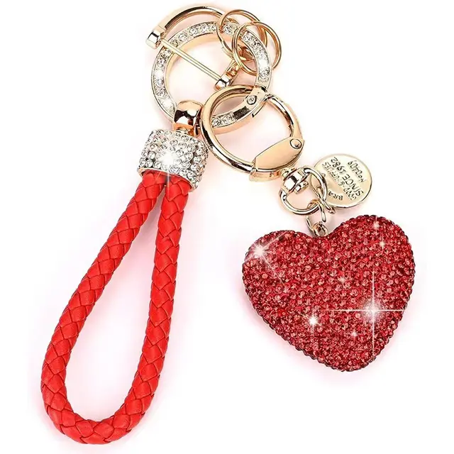 Clay Diamond Fully Jeweled Loving Heart Key Chain Diamond Leather Rope Rose Red - Shop at LoveMi