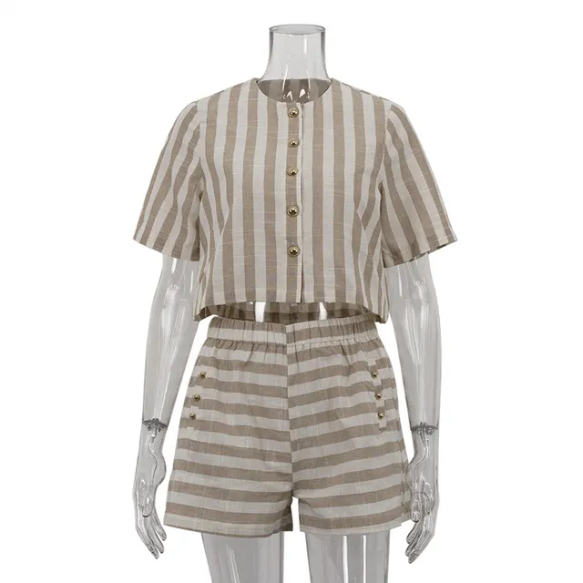 Short Sleeve Striped Shirt And Shorts Suit Apricot - Shop at LoveMi