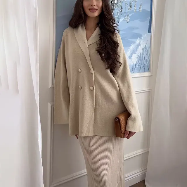 Women's Solid Color Long Sleeve Button Coat Skirt Beige - Shop at LoveMi