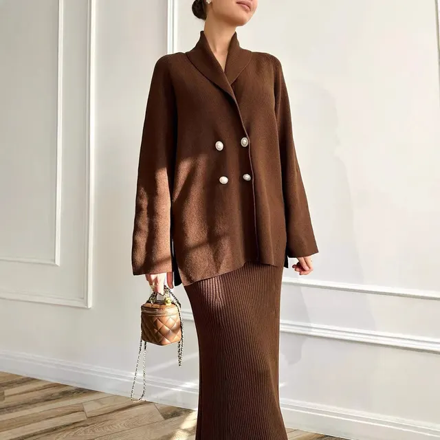 Women's Solid Color Long Sleeve Button Coat Skirt Dark Brown - Shop at LoveMi