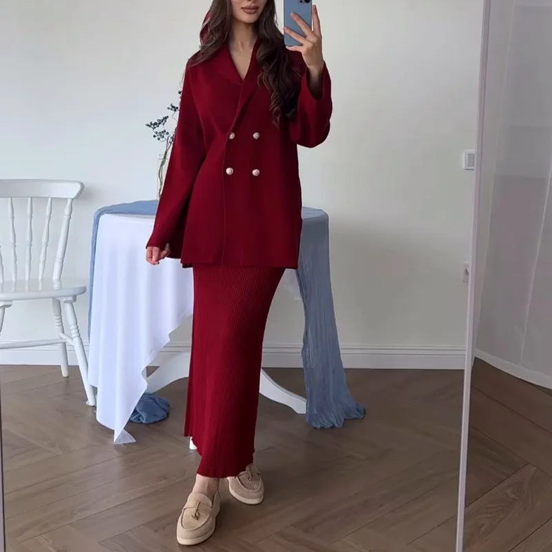 Women's Solid Colour Long Sleeve Button Coat Skirt - Red - View 1