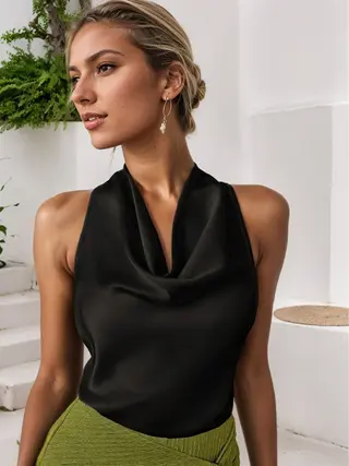 Women Solid Color Swing Collar Sleeveless Vest Trendy Elegant Shirt With Halter Neckline Backless Short Sleeve Tops Tshirts - Black