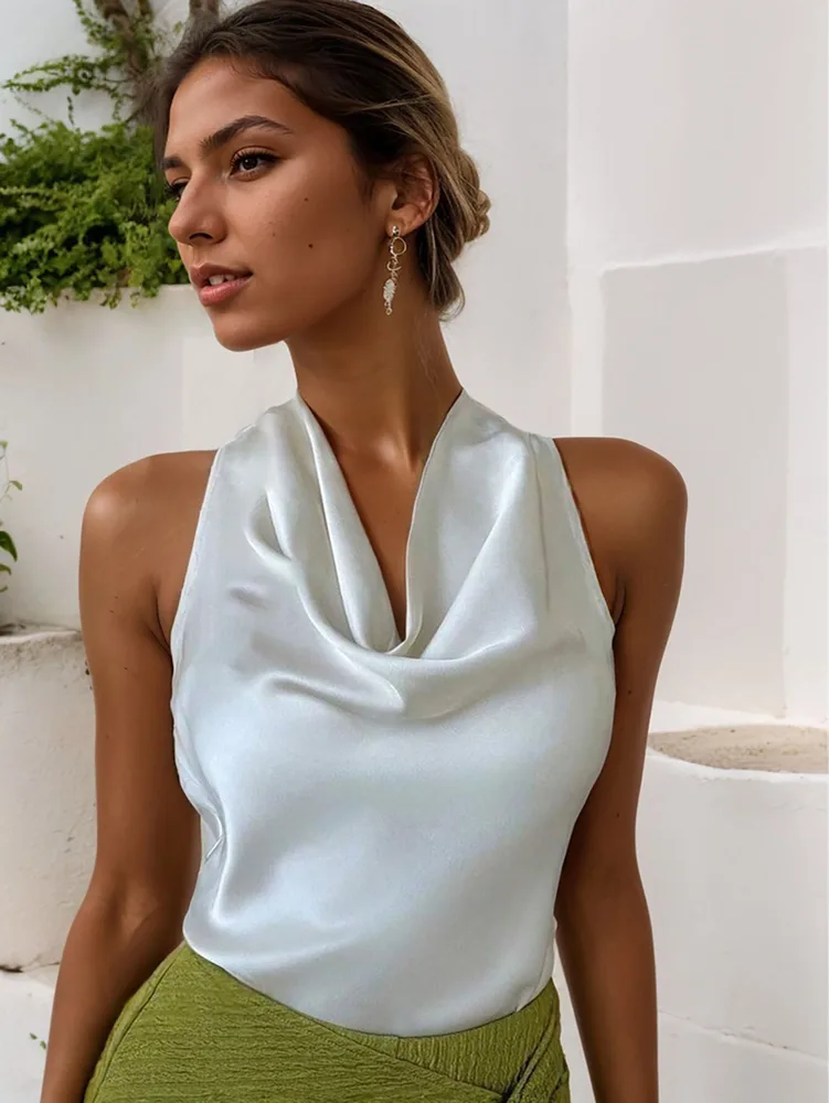 Women Solid Color Swing Collar Sleeveless Vest Trendy Elegant Shirt With Halter Neckline Backless Short Sleeve Tops Tshirts White - Shop at LoveMi