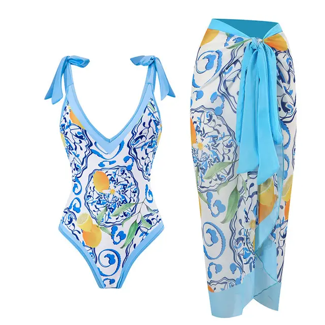 Swimsuit Women's One piece Skinny Print Chiffon Dress Two Piece Swimwear Blue Orange Suit - Shop at LoveMi