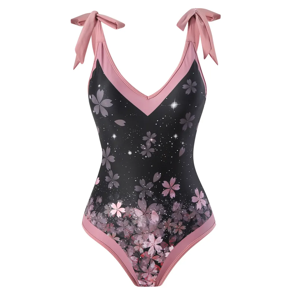 Swimsuit Women's One-piece Skinny Print Chiffon Dress Two Piece Swimwear - Pink Floral Swimsuit